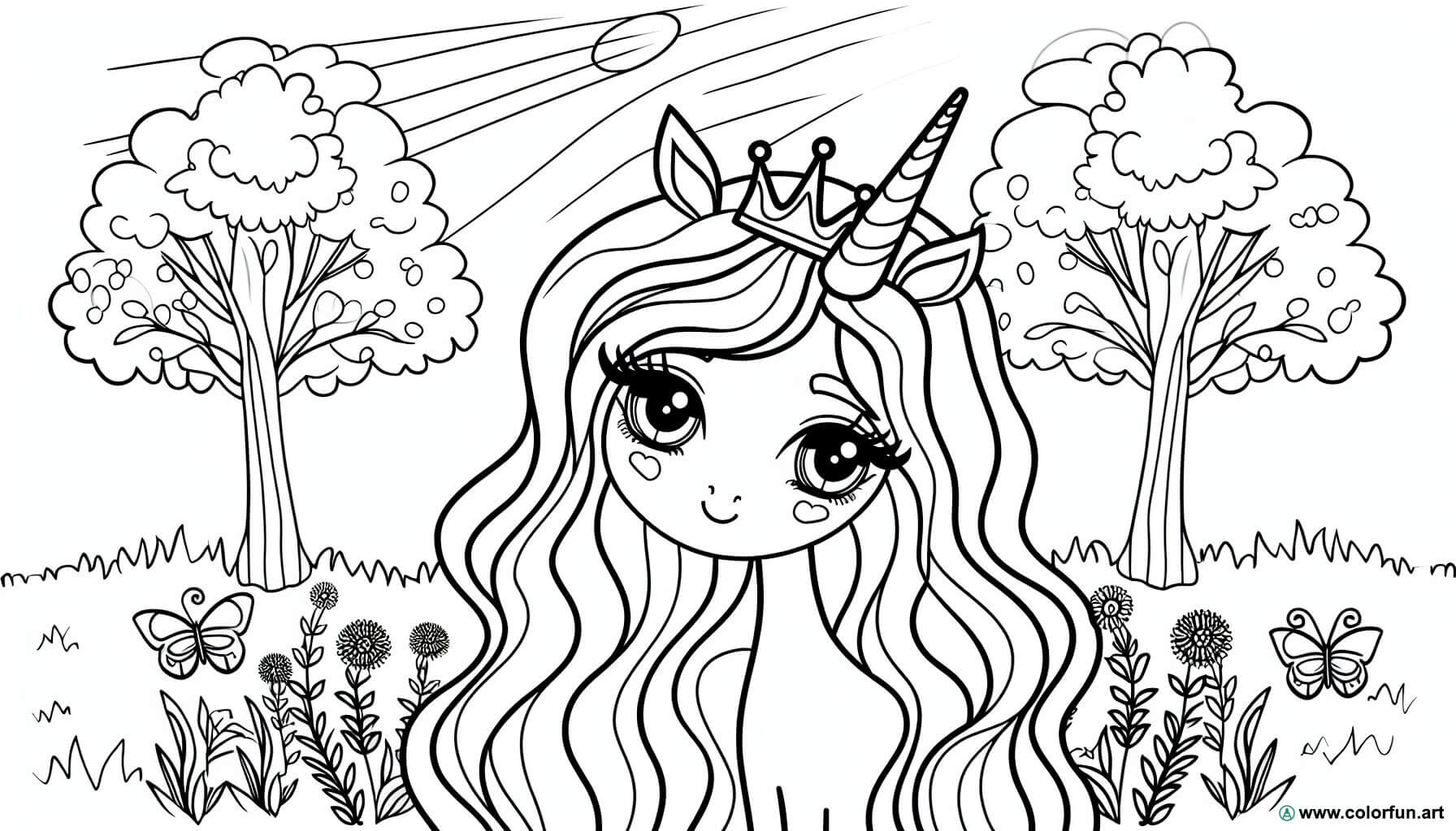 desenhos para colorir princesa unicórnio na floresta
