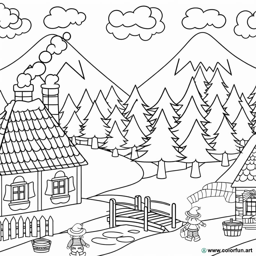 desenhos para colorir vila montanha