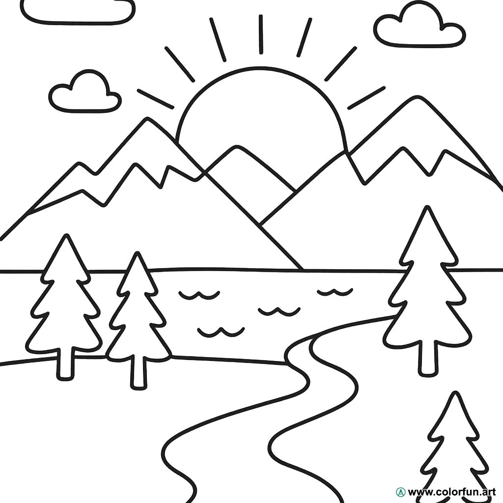 desenhos para colorir pôr do sol montanha