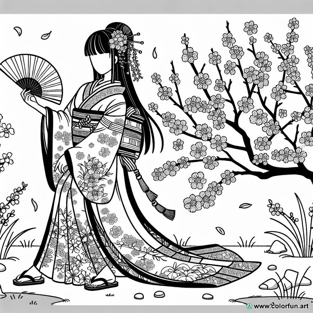 Desenhos para colorir de uma japonesa em quimono Para Baixar ou ...